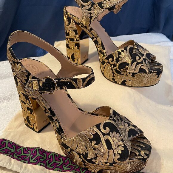 Tory Burch Gold/Black Brocade Fabric Loretta Platform Heels Size 11 - Picture 2 of 10